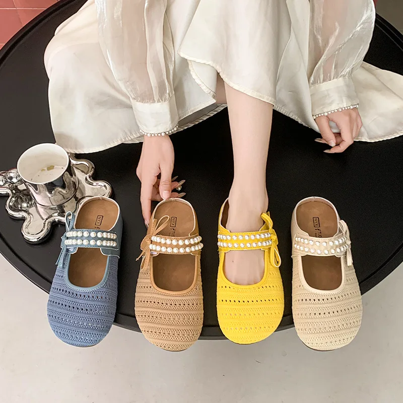 Woman Hollow Knitted Slippers Summer Women Beaded Bow Outdoor Fairy Shoes Female Thick Bottom Bohemia Slippers Loafers