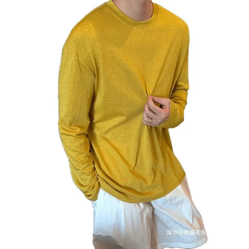 2026 Men White Ice Silk Linen Blend Long Sleeve T Shirt Summer Thin Loose Lazy Sun Protection Up Lightweight Breathable Cool Top