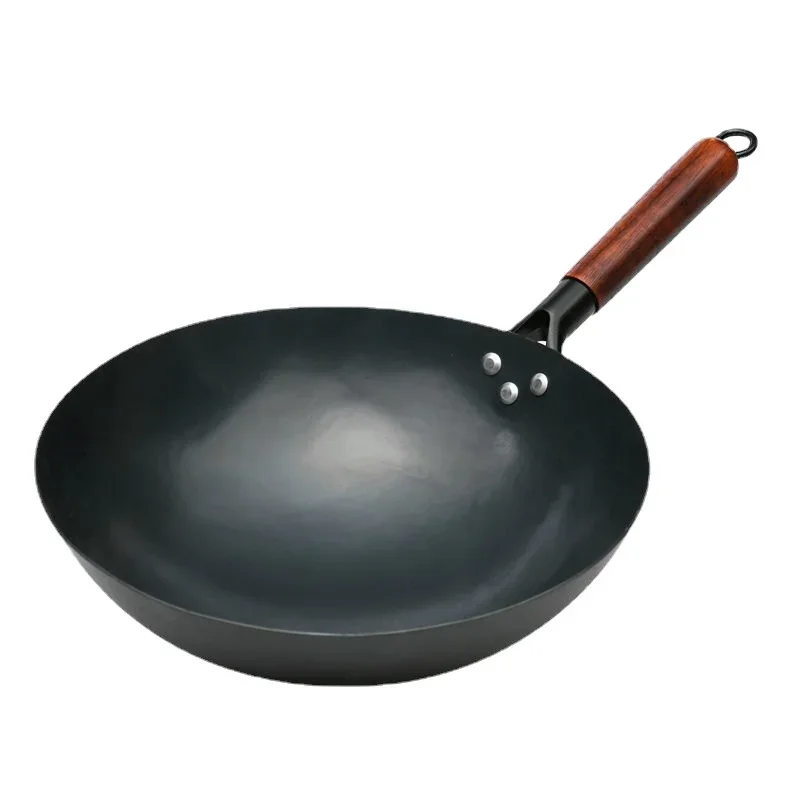 Imagem -05 - Ferro Wok Tradicional com Cabo de Madeira Wok sem Revestimento Forjado à Mão Panela de Cozinha Panela a Gás Panelas 30 cm 32 cm 34cm