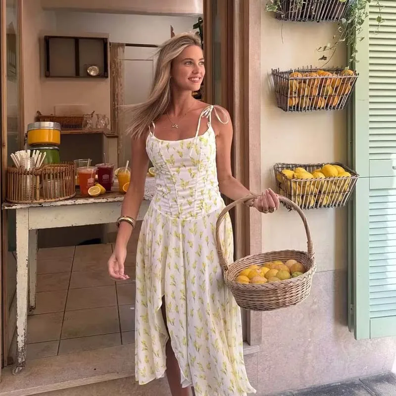 2025 Holiday Yellow Print Sling Midi Summer Dresses Women Sexy O Neck Hem Slits A-line Dress Chic Lady Robe Boho Beach Vestidos