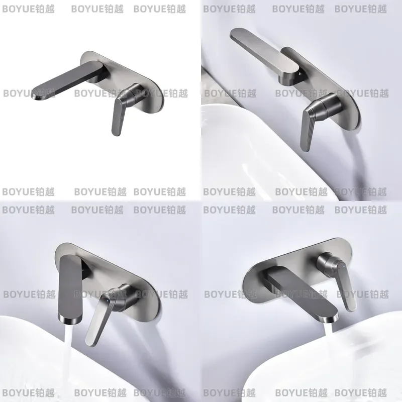 Nordic Gun Gray Wall Mounted Basin Faucet Hot Cold Mixer Concealed Brass Bathroom Sink Tap Modern Minimalist Design