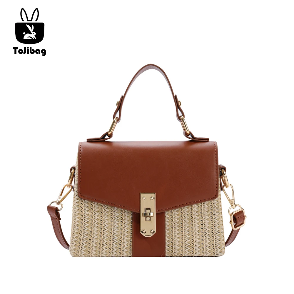 

2025 Trendy Grass Woven Crossbody Bag Women's Spliced Color Contrast Handbag Versatile Handle Small Square Bag Minimalist Style