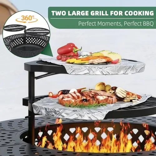 43 Inch Fire Pit with 2 Grill, Outdoor Wood Burning Firt with Lid, Metal Round Table for Backyard Patio Garden Picnic