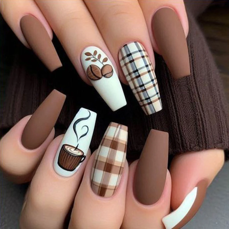 

Bestselling autumn and winter hazelnut coffee, popular in Europe and America, ins brown reusable fake nails 24pcs