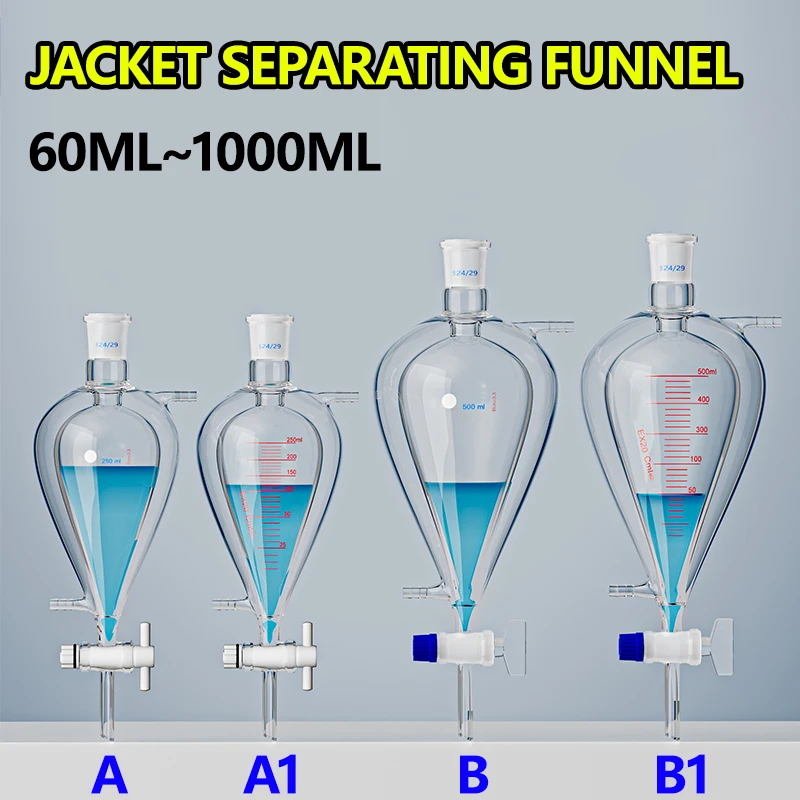 

Double-layer pear-shaped liquid separation funnel tetrafluoro/glass piston spherical funnel with scale/unscaling jacket