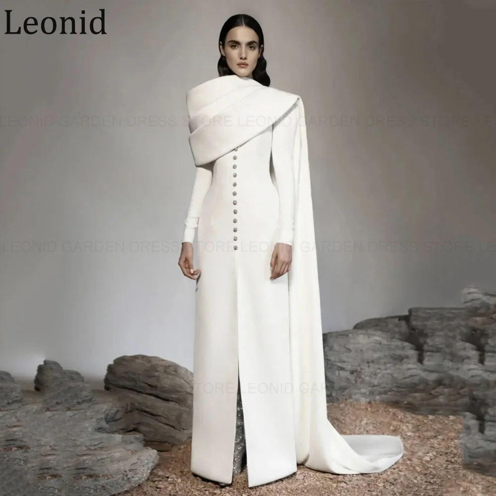 LEONID Muslim Long Formal Occasion Dresses 2024 Straight Prom Dresses Full Sleeves With Cape Button Mermaid Party Evening Gowns