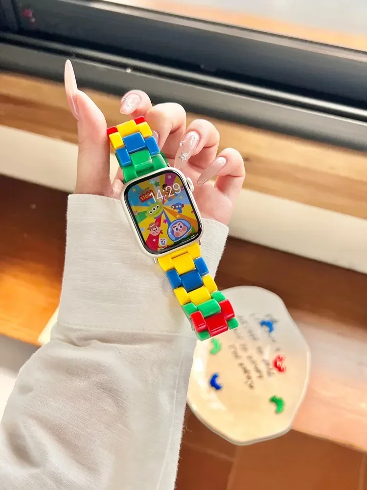 น่ารักสายรุ้งพลาสติกสําหรับ Apple Watch Band 41/45 40/44 46 มม.ที่มีสีสันสร้อยข้อมือสําหรับ iWatch10 49 ultra 9 8 7SE 6 5 4 38/42