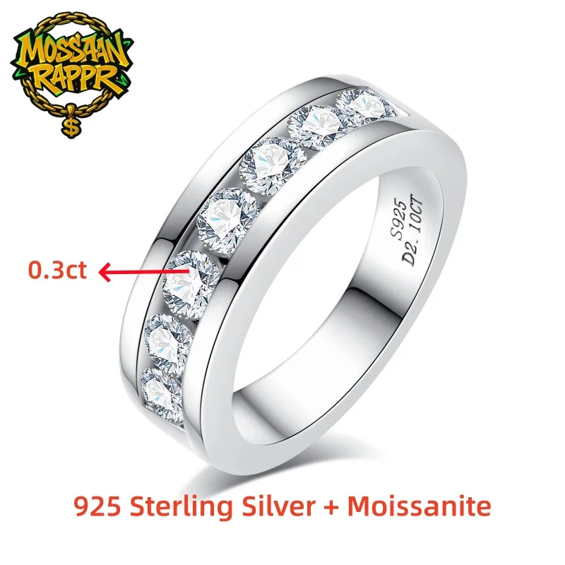 MossanRappr 4mm Moissanite Engagement Men Ring 925 Sterling Silver Half Eternity Wedding Band Fine Jewelry Gifts for Men Women