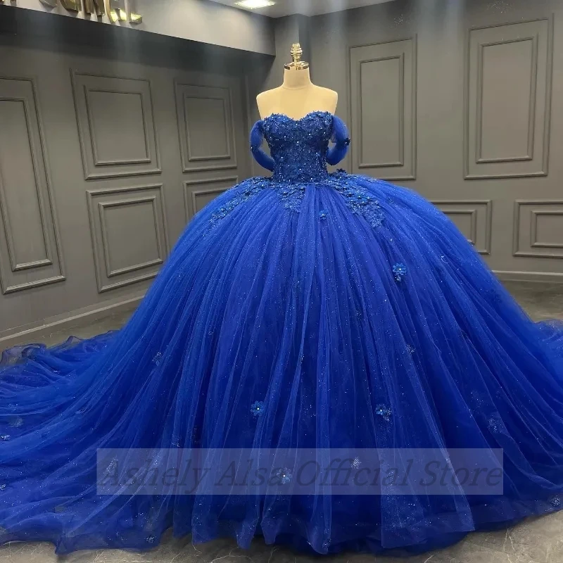 Customized Royal Blue Prom Dresses Sweet 15 16 Year Girl Off Shoulder Lace Applique Vestido De xv Anos Quinceanera Party Gown