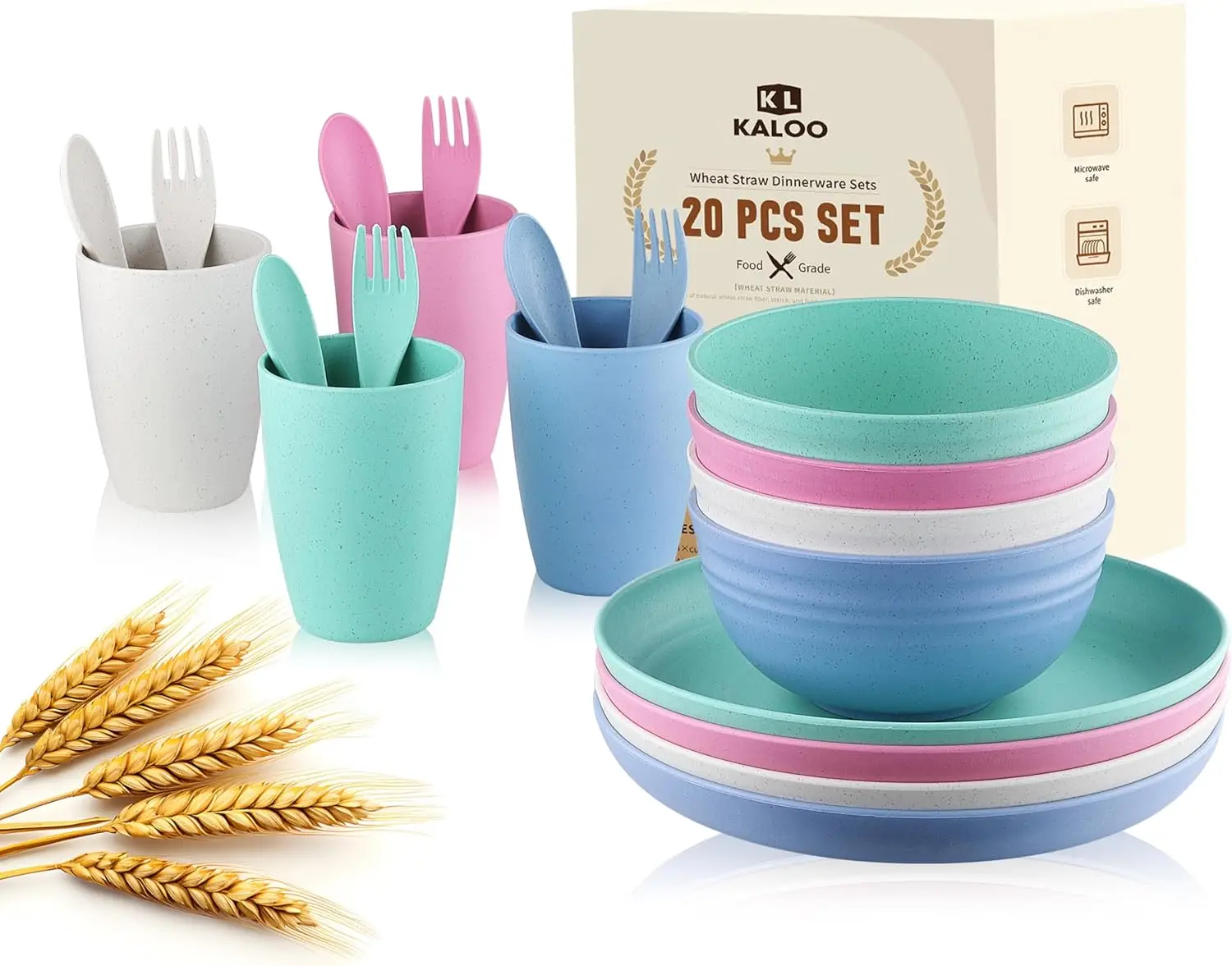 

Wheat Straw Dinnerware Set 20-Piece Lightweight Unbreakable Plates Bowls Cups Forks Spoons Microwave Dishwasher Safe Kids