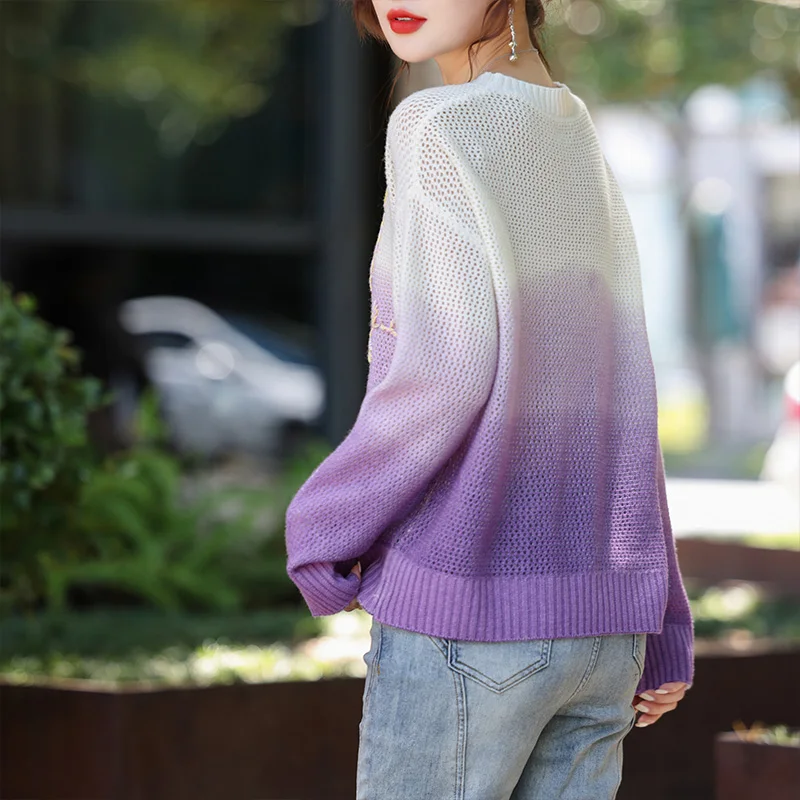 Pure wool knitted round neck hollow-out fashion sweater women\'s autumn and winter Korean version casual all-match base shirt