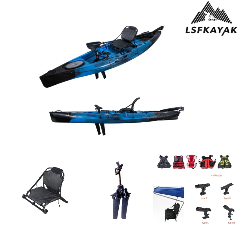 LSF Kayak One Person 3.7m Flap Pedal Drive System Fishing Boat HDPE For Fishing, Surfing And Cruising