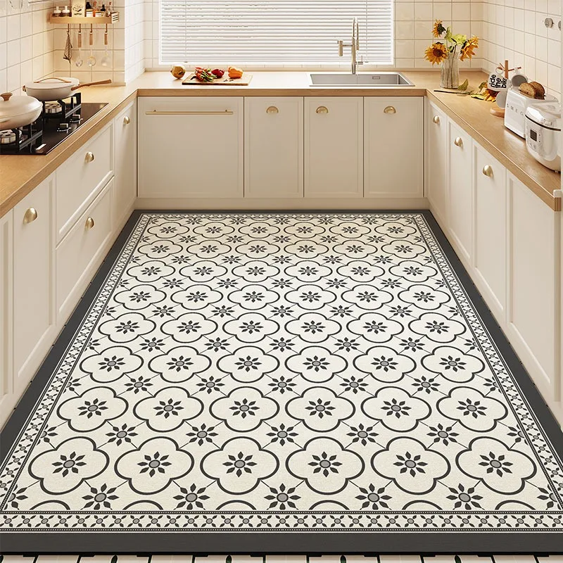 Vintage Floral Tile Pattern Kitchen Mat PVC Waterproof Oil‑Proof Wipeable Household Foot Mat Home Decorative Balcony Carpet
