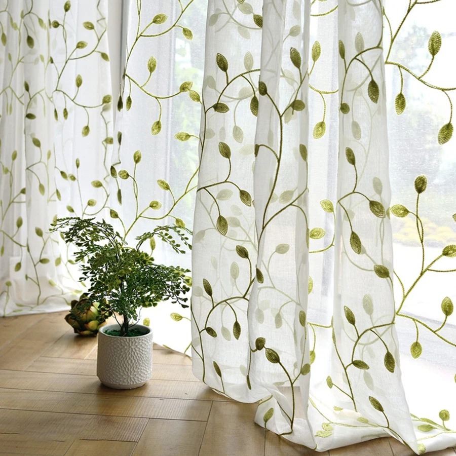 Rustic Green Leaves Embroidered Curtains Sheer Tulle Blue with White Leaves  Blackout Curtains For Living Room Drapes  WP072#4