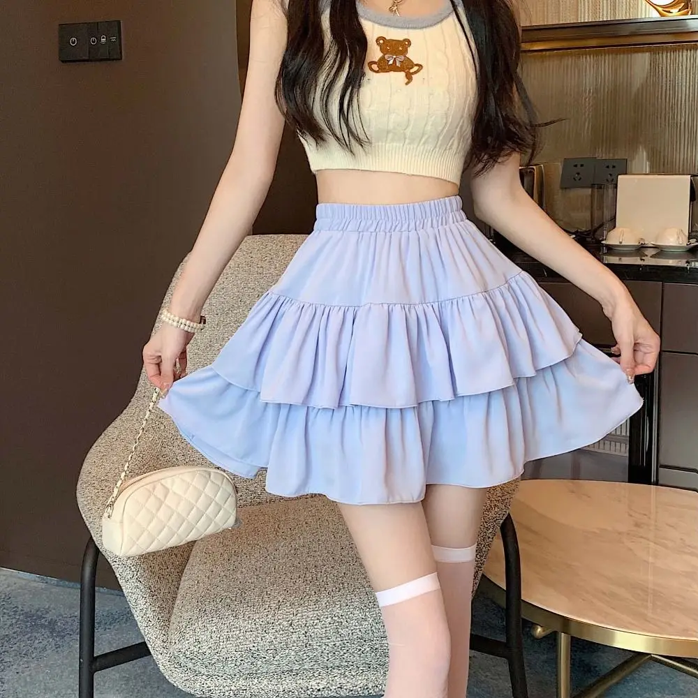 A-line High Waisted Cake Skirt Elastic Waist with Safty Pants Pleated Fluffy Mini Skirt Y2k Double Layer Ruffled Short Skirt