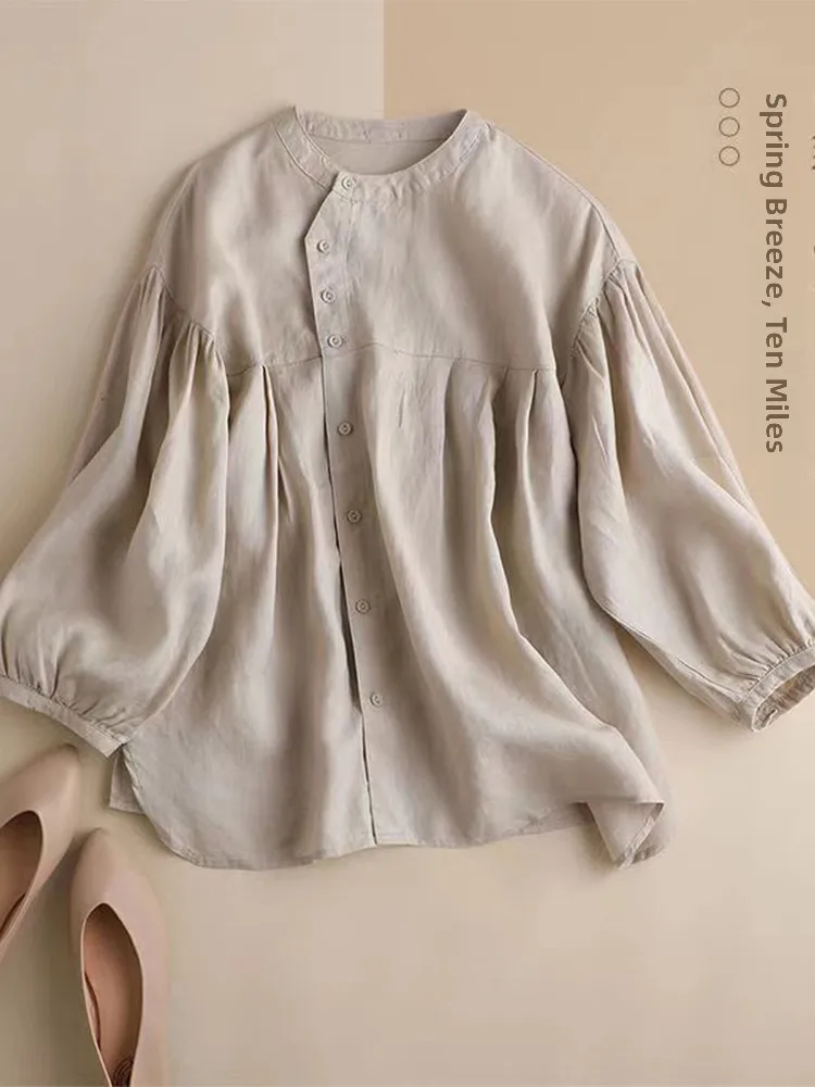 Damen-Laterne Sve irt Baumwoll-Leinen-Puppe irt Nine Sve Länge, normale Version, lockere Passform, rundes Ne-Knopfdetail