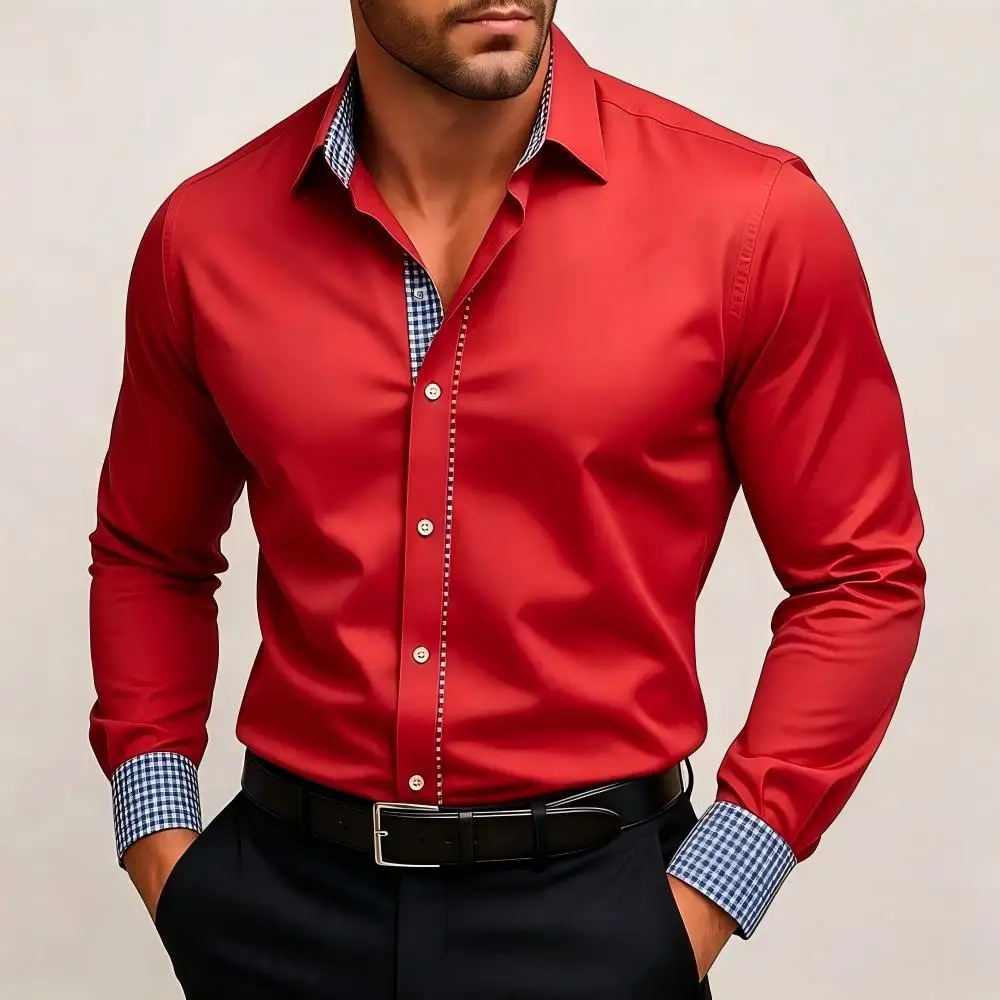 Men's plain color formal wedding long sleeved flip up shirt suitable for daily commuting wear and seasonal clothing patchwork