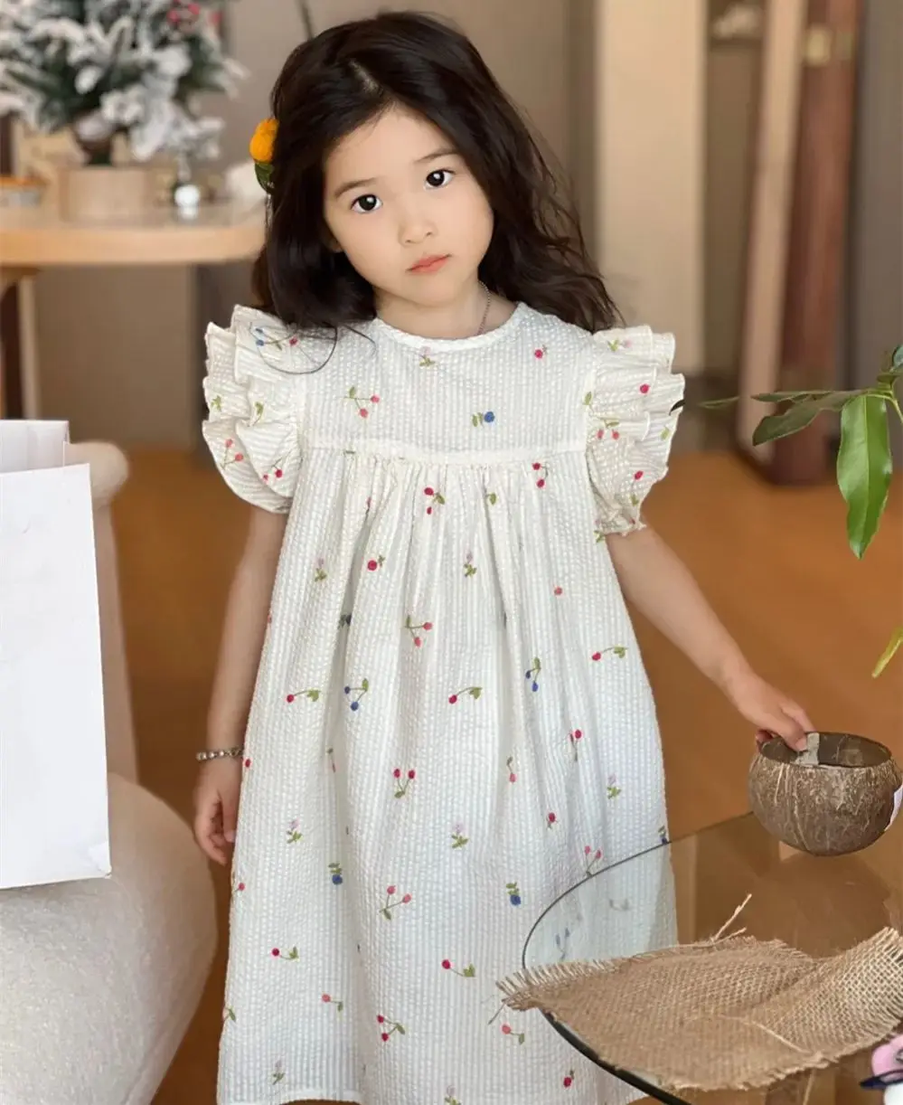 girl dress spring summer baby girls clothes Colorful cherry patterned printed dress French pastoral style Sweet and loose dress