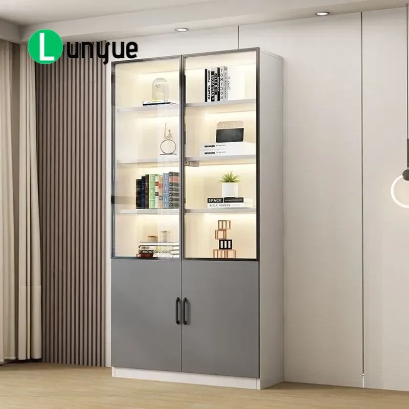 Transparent Glass Door Bookcase Floor to Ceiling Display Cabinet Dustproof Storage Locker for Living Room Wall Mounted