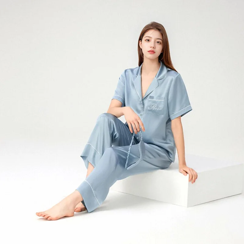 19momme Real Silk Pajamas Women's Spring and Summer Short-Sleeved Embroidered Real Silkworm Home Wear Can Be Worn outside