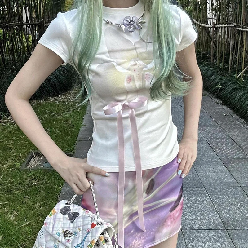 Ästhetische Blume sanfte Kunst Vintage Y2K 90er Jahre Schleife Süßes Mädchen T-Shirt Harajuku Schatz süße lustige Sommer schlanke Dame Tops T-Shirt
