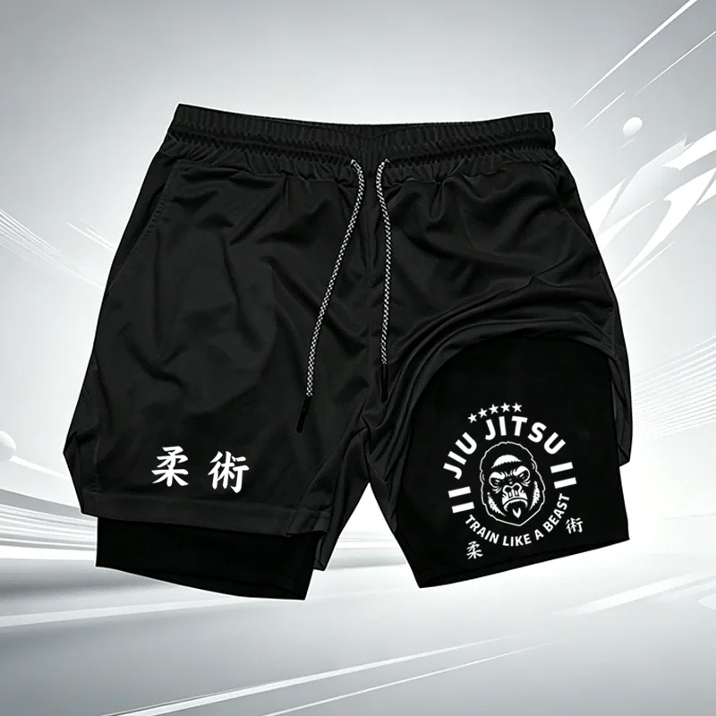 Men 2‑in‑1 BJJ Jiu‑Jitsu Sports Shorts Quick Dry Shorts Compression Liner MMA Training Gym Workout Fitness Short Pants W355