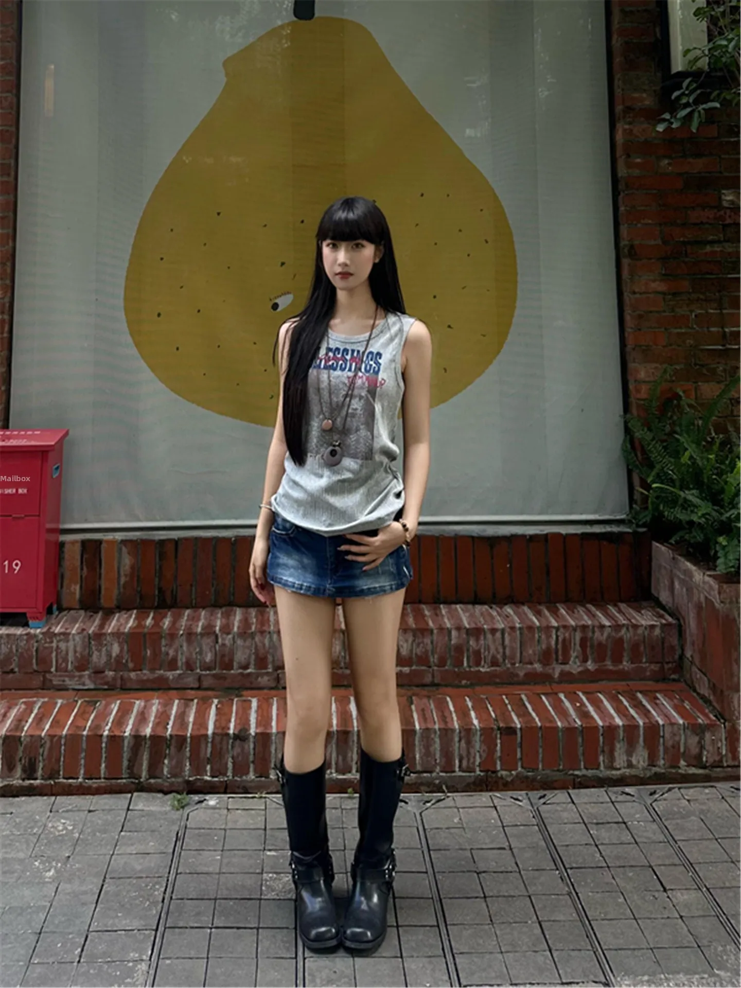 American Style Spicy Girl Portrait Print Work Vest Women Summer Outdoor Wear Inner Match Slimming Grey  Strap Top