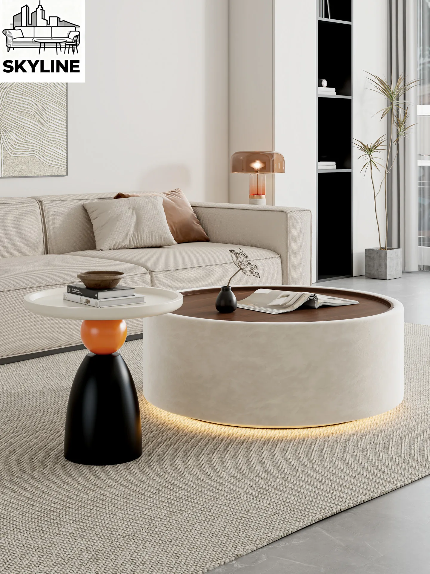 Coffee table round living room with lamp household coffee table combination light luxury high-end table