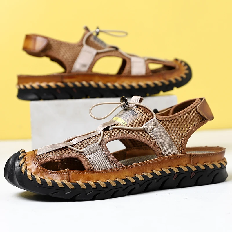 Summer Mesh Men's Sandals Breathable Leather Casual Shoes Handmade Outdoor Men's Slippers Ladies Beach Sandals Plus Size 37-48