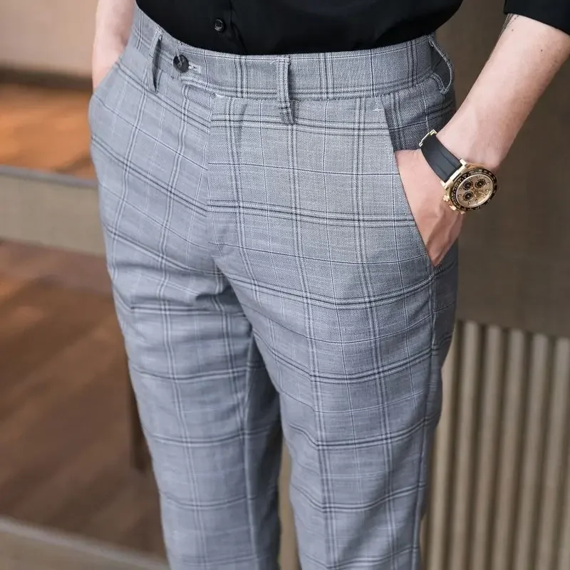 Plus Big Size Gray Male Suit Trousers Slim Fit Tressed Men\'s Summer Pants Fabric Vintage Thin Casual Clothes Offer Chinese Homme