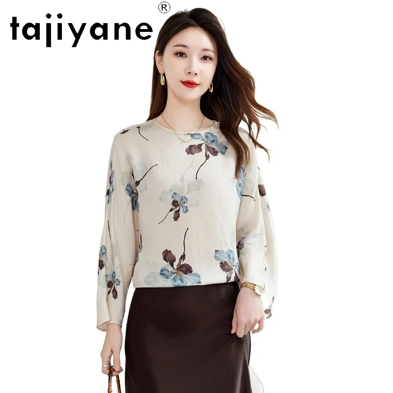 TAJIYANE 14MM 100% Mulberry Silk T Shirt Women Elegant Printed T Shirt Long Sleeves Spring Ladies Tops 2026 New Woman Clothes 반팔