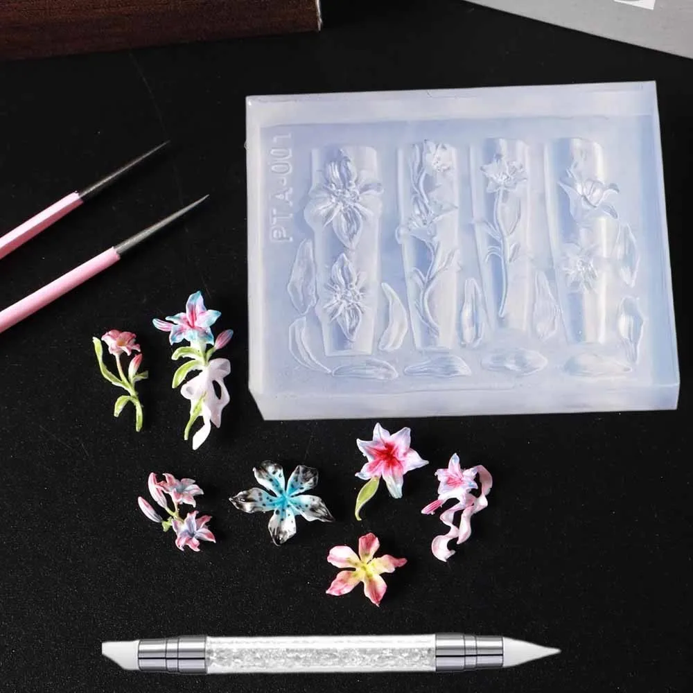 2 unids/set 3D tallado curvado flor de lirio molde de uñas plantilla de silicona transparente arte de uñas plantilla Floral con pluma tallada herramientas de manicura