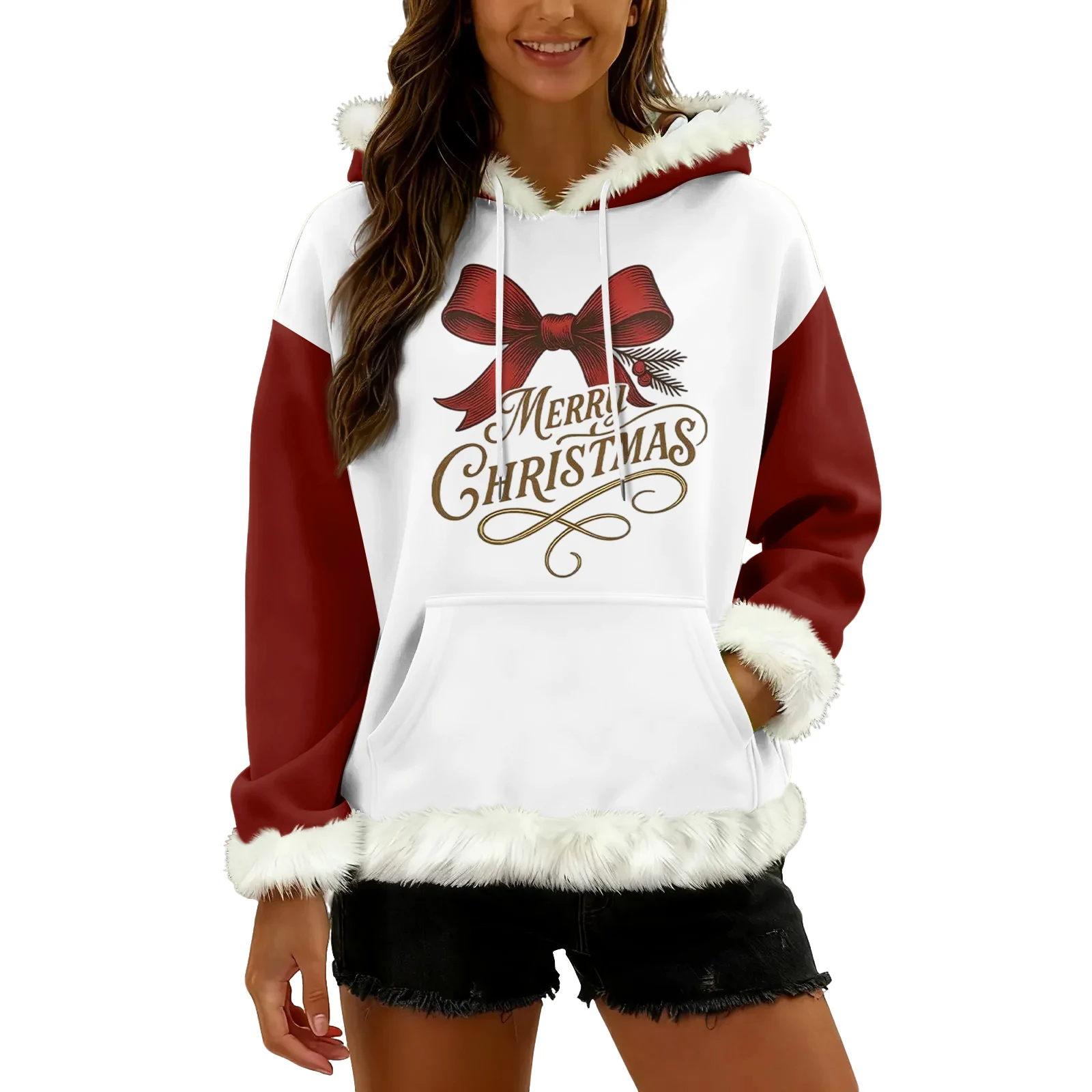 เสื้อฮู้ดลำลองพิมพ์ลายคริสต์มาสสำหรับผู้หญิง เสื้อผ้าผู้หญิง เสื้อผ้าฤดูหนาว โรปา อินวีเรโน มูเฮร์