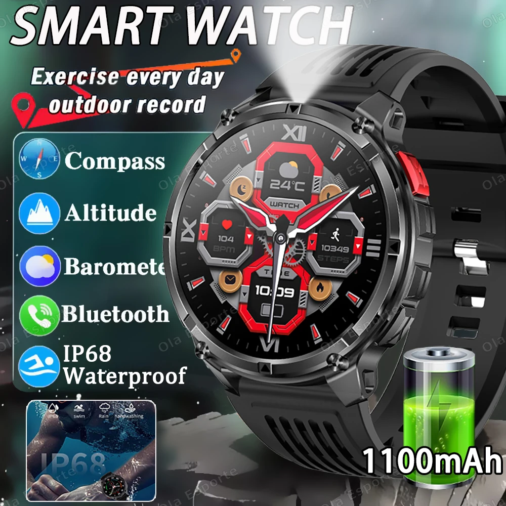 

New 1100mAh Battery Flashlight Smart Watch GPS Track Compass IP69K Waterproof Sports tracker Outdoors Military Smartwatches HW12