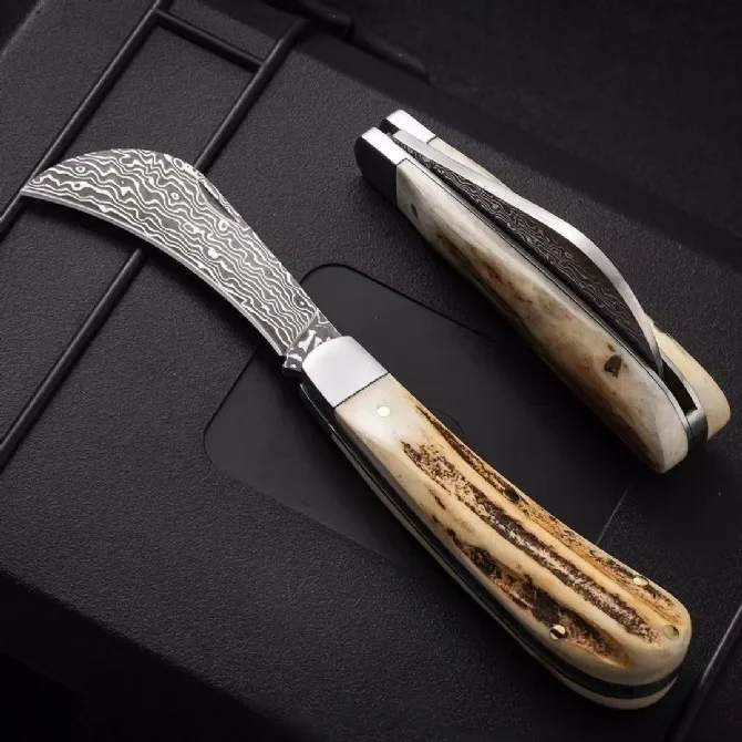 Antler Handle Small Pocket Folding Knife Damascus Blade Tactical Hunting Camping EDC Survival Tool Knives