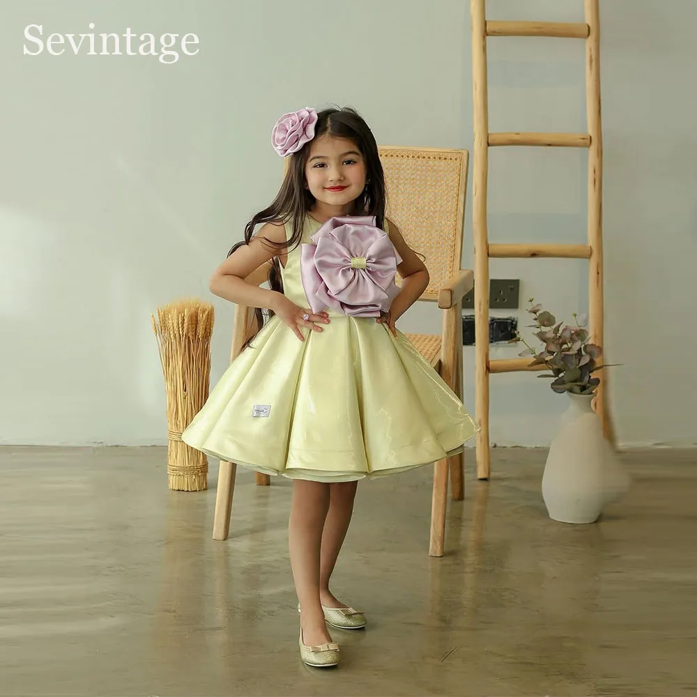 

Милые желтые атласные платья Sevintage для девочек с 3D цветами, А-силуэт, для дня рождения, длиной до колена, на заказ