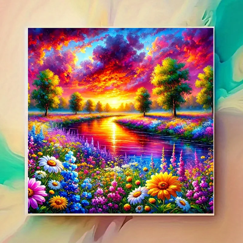 Sunset Wildflower River Meadow Landscape 5D DIY Diamond Painting Kit Full Drill Acrylic Home Wall Decor, Gift for Adults or Kids