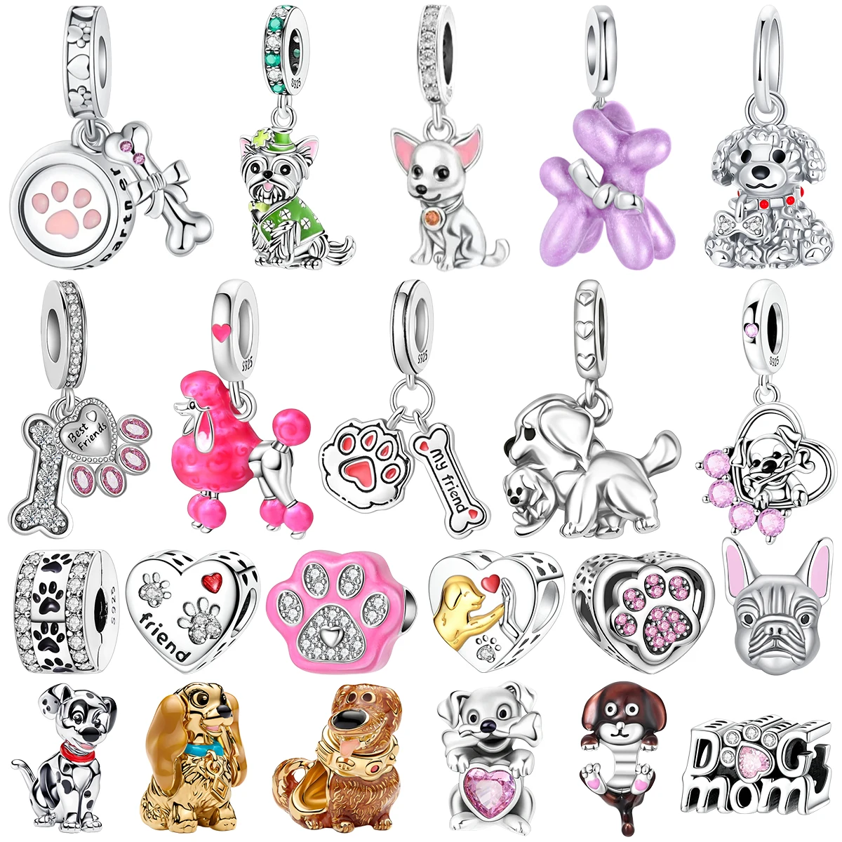 Abalorios de Plata 925 con Diseños de Patas de Perros Dálmata, Dachshund, Poodle, Bulldog Francés, Teddy, Yorkshire Terrier, Regalo para Amantes de las Mascotas