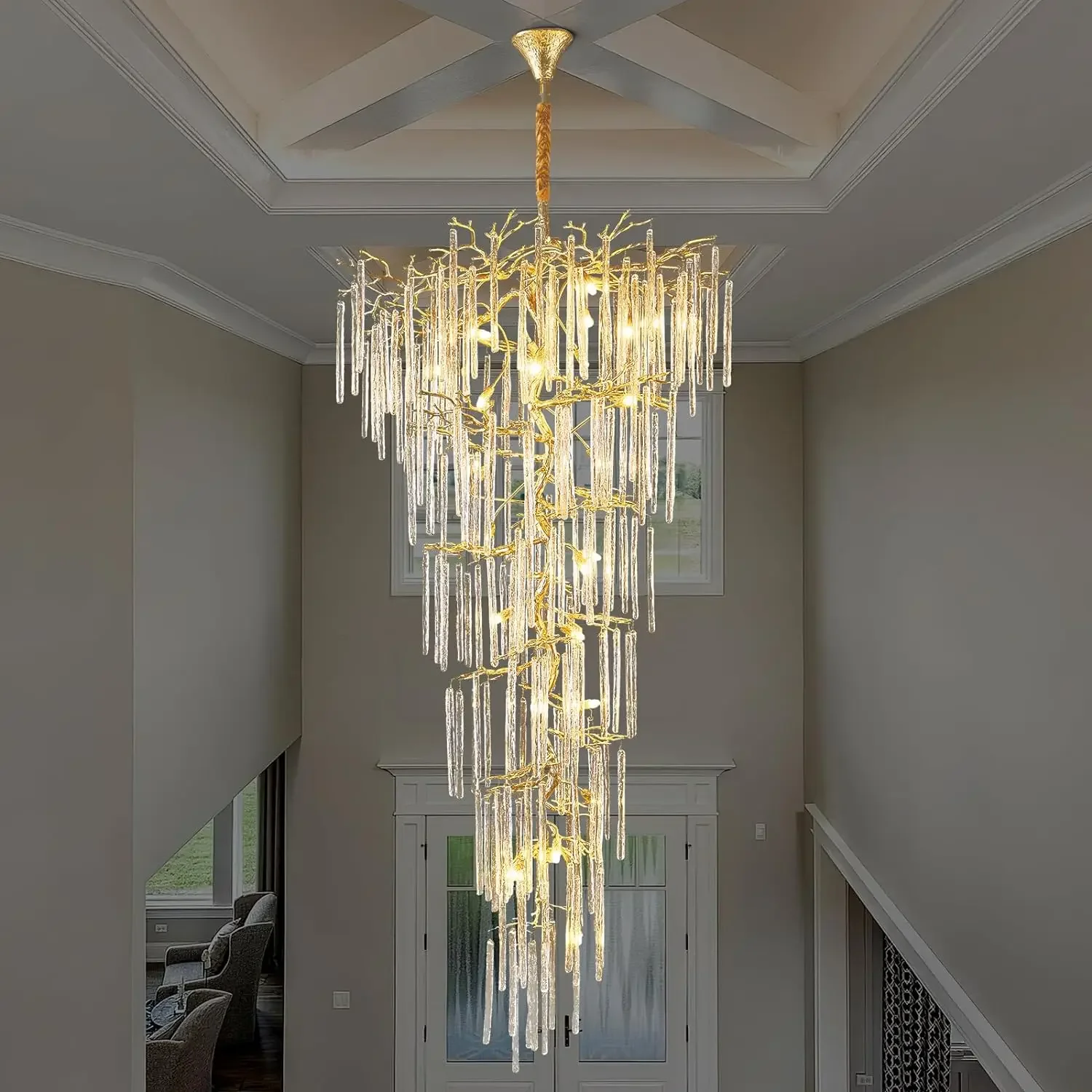 

Crystal Branch Ceiling Chandelier For Staircase Loft Luxury Gold High Ceiling Stairway Crystal Chandelier