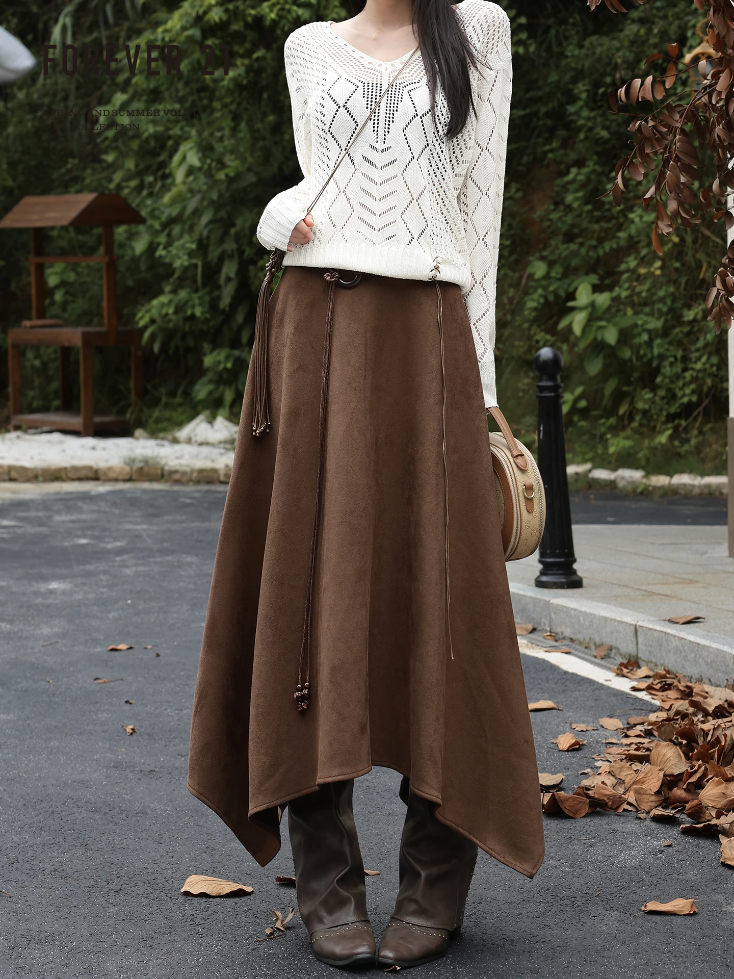 Vintage High Waist Suede  Skirt Women's Coffee Color A-Line Long Skirt Autumn Season Irregular Hemline Draping Dress