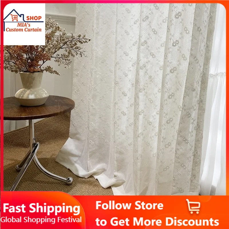 Custom Size American Pastoral Style Cream Wind Gauze Curtain Embroidered Chamomile Window Screen for Living Room Bedroom Balcony
