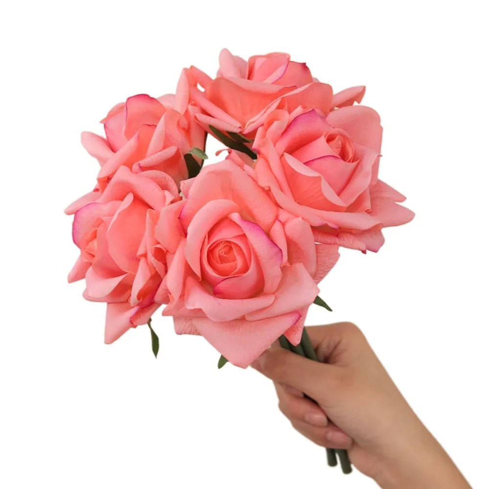 

5 Heads Artificial Rose Flower Branch Real Touch Curled Edge Simulation Rose Flower Handmade Realistic Fake Flowers