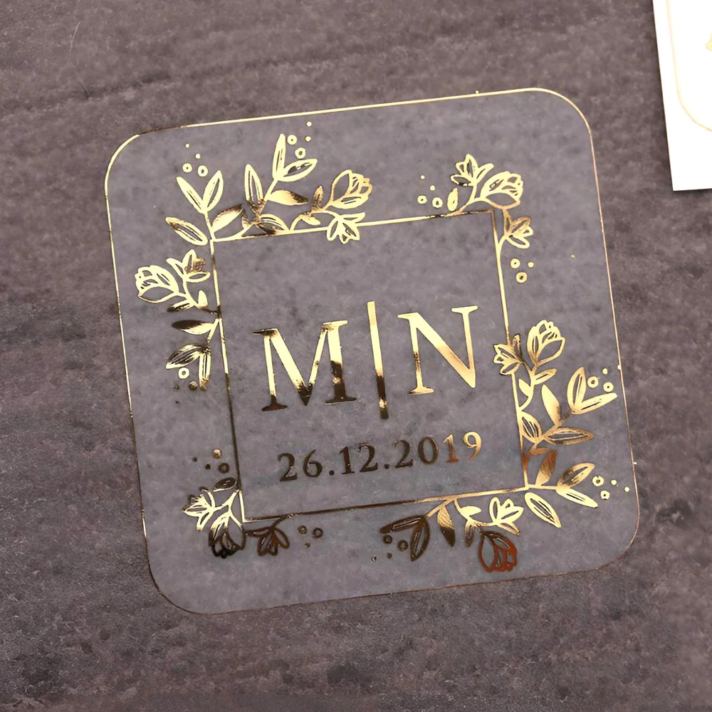 50pcs Custom Transparent Wedding Stickers, Square Transparent Stickers, Personalized wedding stickers with Gold Foil Labels