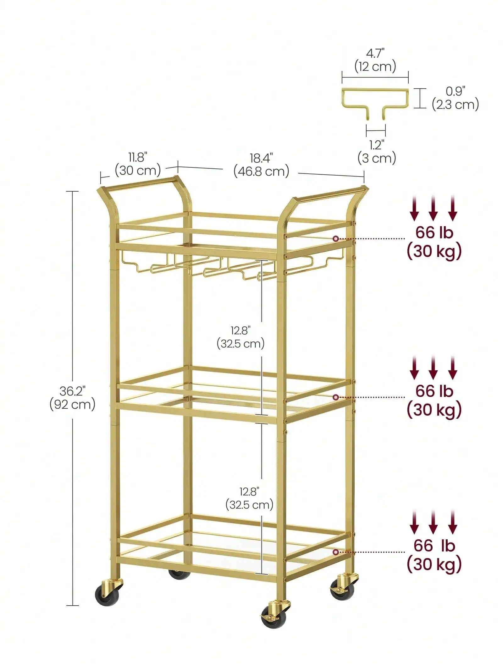 VASAGLE Bar Cart Gold, Home Bar Serving Cart, Small Bar Cart With 3-Tier Mirrored Shelf, Wine Holders, Glass Holder, Mini Bar