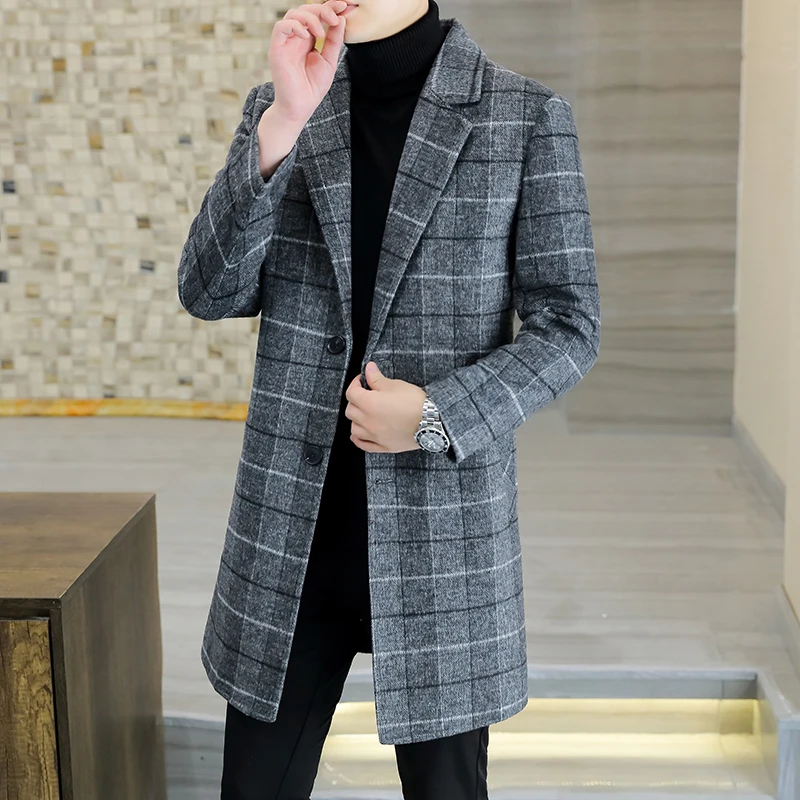 Stylish Men Plaid Wool Overcoat Camel Gray Woolen Overcoat Notched Collar Fall & Winter Confidence Menswear  Sizes 170-190 Wear