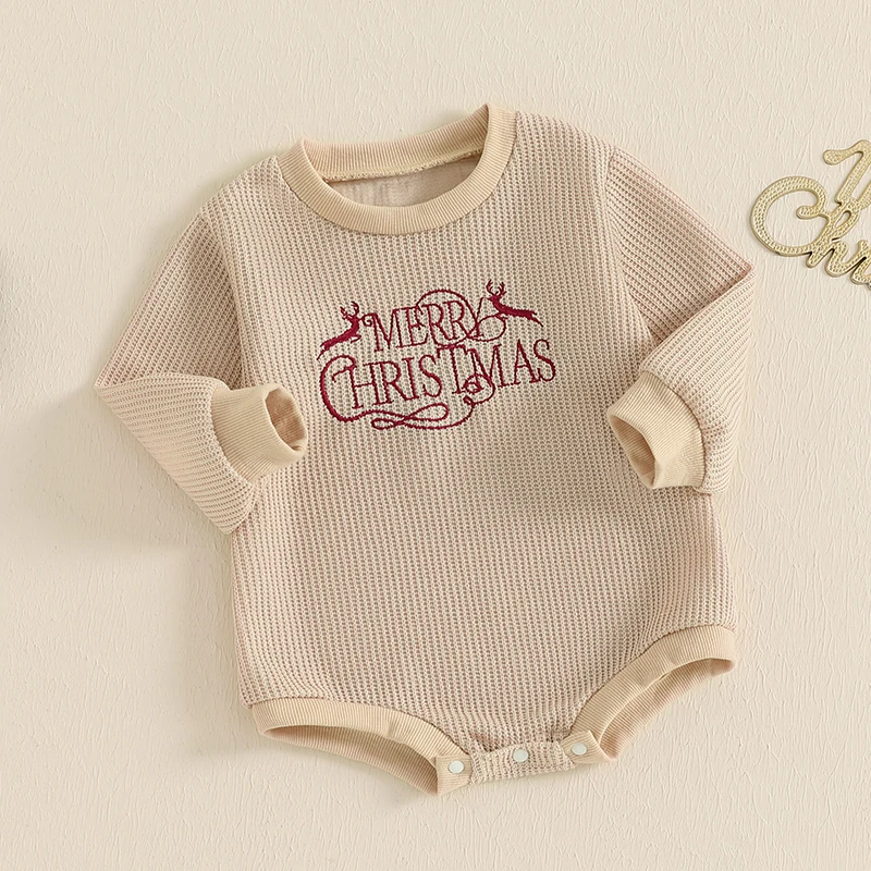 Baju monyet bayi, Sweater natal kasual harian, Bodysuit huruf bordir leher Crew lengan panjang