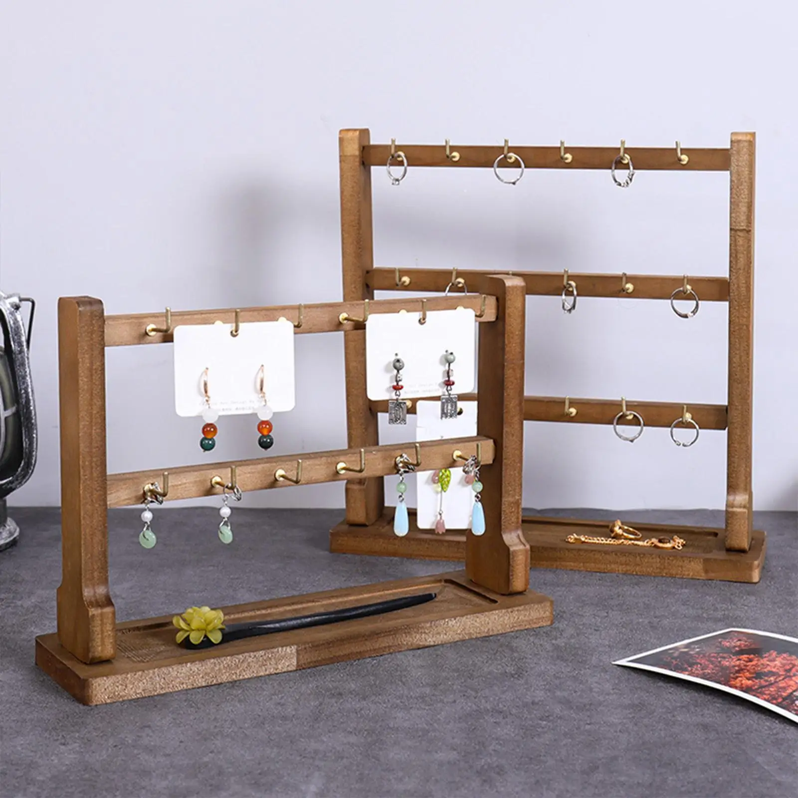 Wood Jewelry Display Rack with Earring Holder Organizer Multi Hooks for Necklaces Bracelets Watches Rings Stable Base for Retail