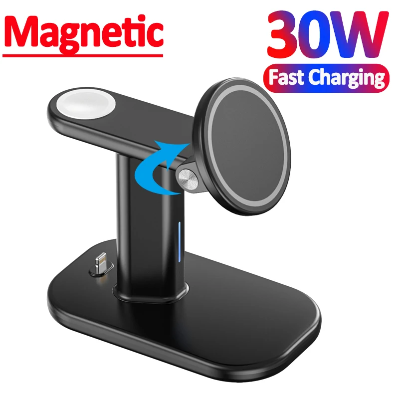 30W 3 in 1 Magnetic Wireless Charger Stand 90 Rotation For iPhone 14 13 12 Pro Max Apple Watch 8 7 Airpods Fast Charging Station