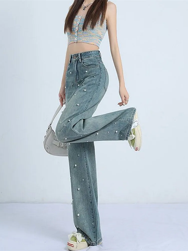 Japanese 2000s Style Y2K Fashion Pearl Baggy New Jeans Kpop Pants For Women Clothing Washed Blue Harajuku Lady Denim Trousers