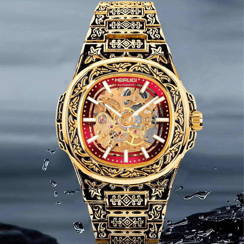 

Мужские желто-красные часы в ретро-стиле, высококачественные, полностью автоматические, с турбийоном, механические, с открытым механизмом.